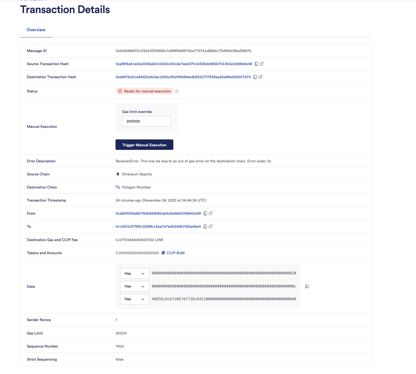 Chainlink CCIP Mumbai - override gas limit